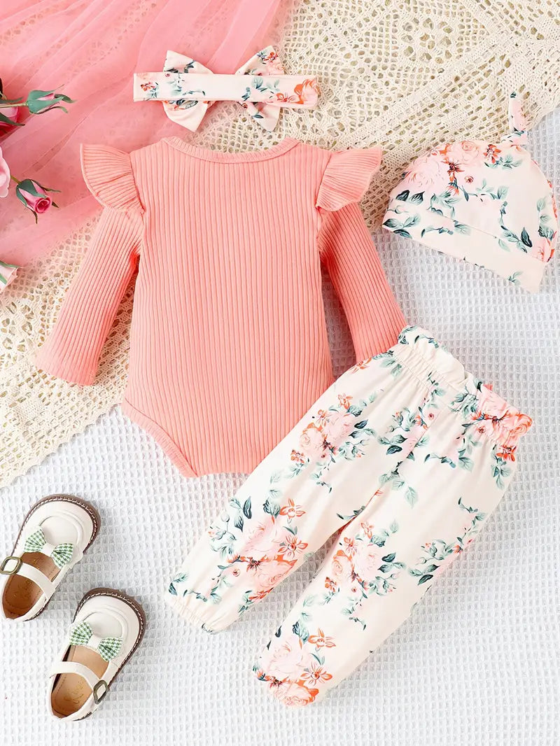 Newborn Girl Outfit | Letter Print Bodysuit, Ribbed Pants, Hat & Headscarf