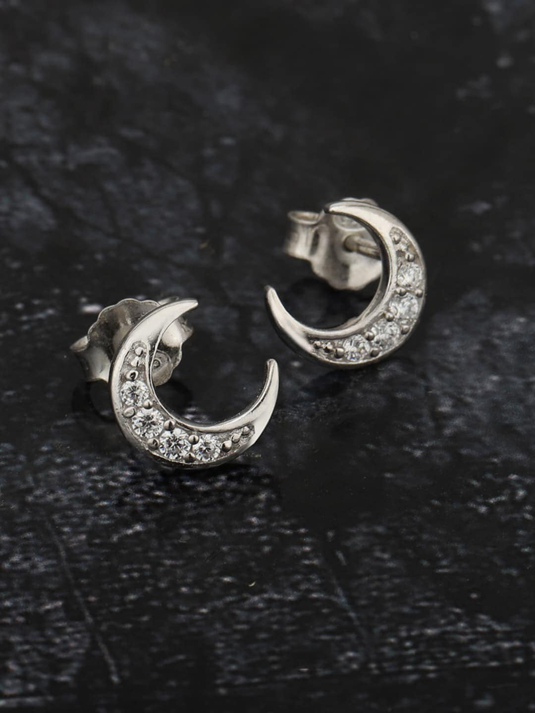 Silver-Toned Crescent Half Hoop Earrings – 925 Sterling Silver – Rhodium-Plated, CZ – 0.9cm