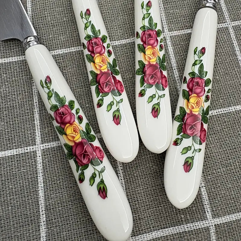 Floral Cutlery Set 24pc: Stainless Steel, Ceramic Handles