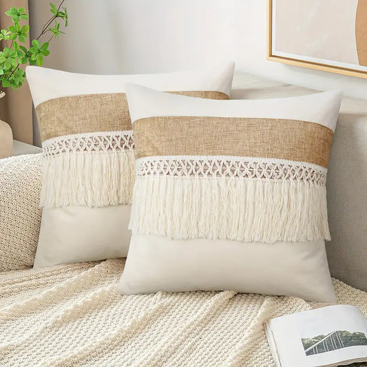 Boho Linen Pillow Covers 2-Pack: Fringe, Beige Brown, Sofa Decor