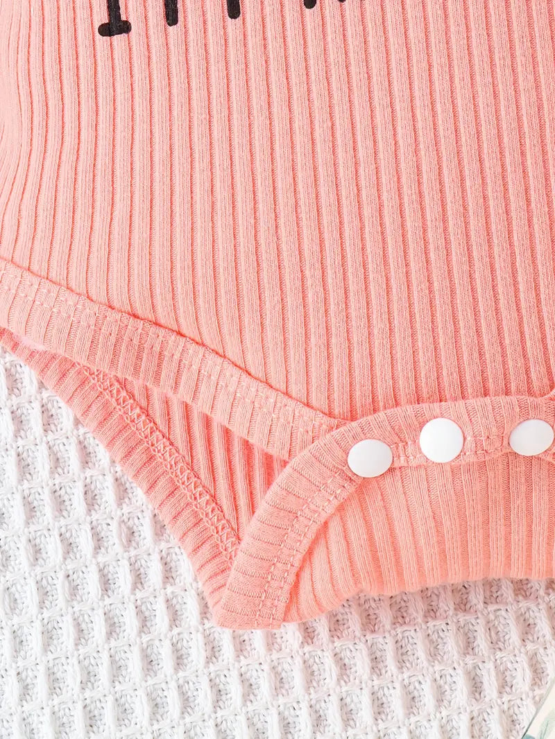 Newborn Girl Outfit | Letter Print Bodysuit, Ribbed Pants, Hat & Headscarf
