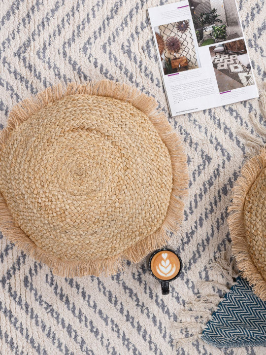 Set of 2 - Decorative Cushion Covers – Throw Pillow Slips – Jute Cotton Blend, Self-Design – Round