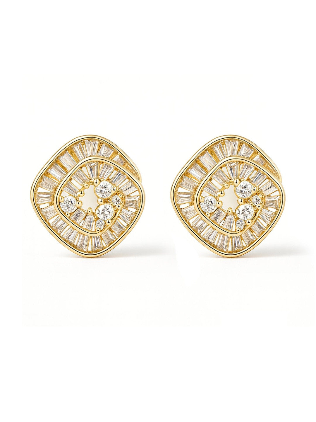 Gold-Plated American Diamond Square Studs – Fashion Earrings – AD Embellished – 1.9x1.8cm