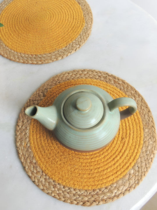 Set of 2- Dining Table Mats – Round Placemats – Jute Cotton Braided