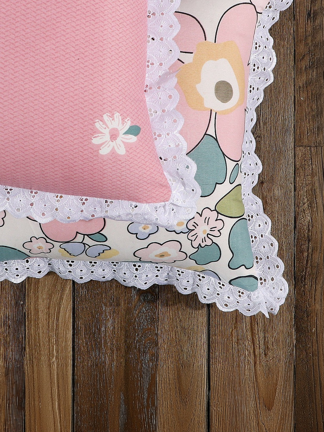 Set of 5 - Pink Lace Border Cushion Cover Set – Polycotton, Non-Crease – 16x16 inch