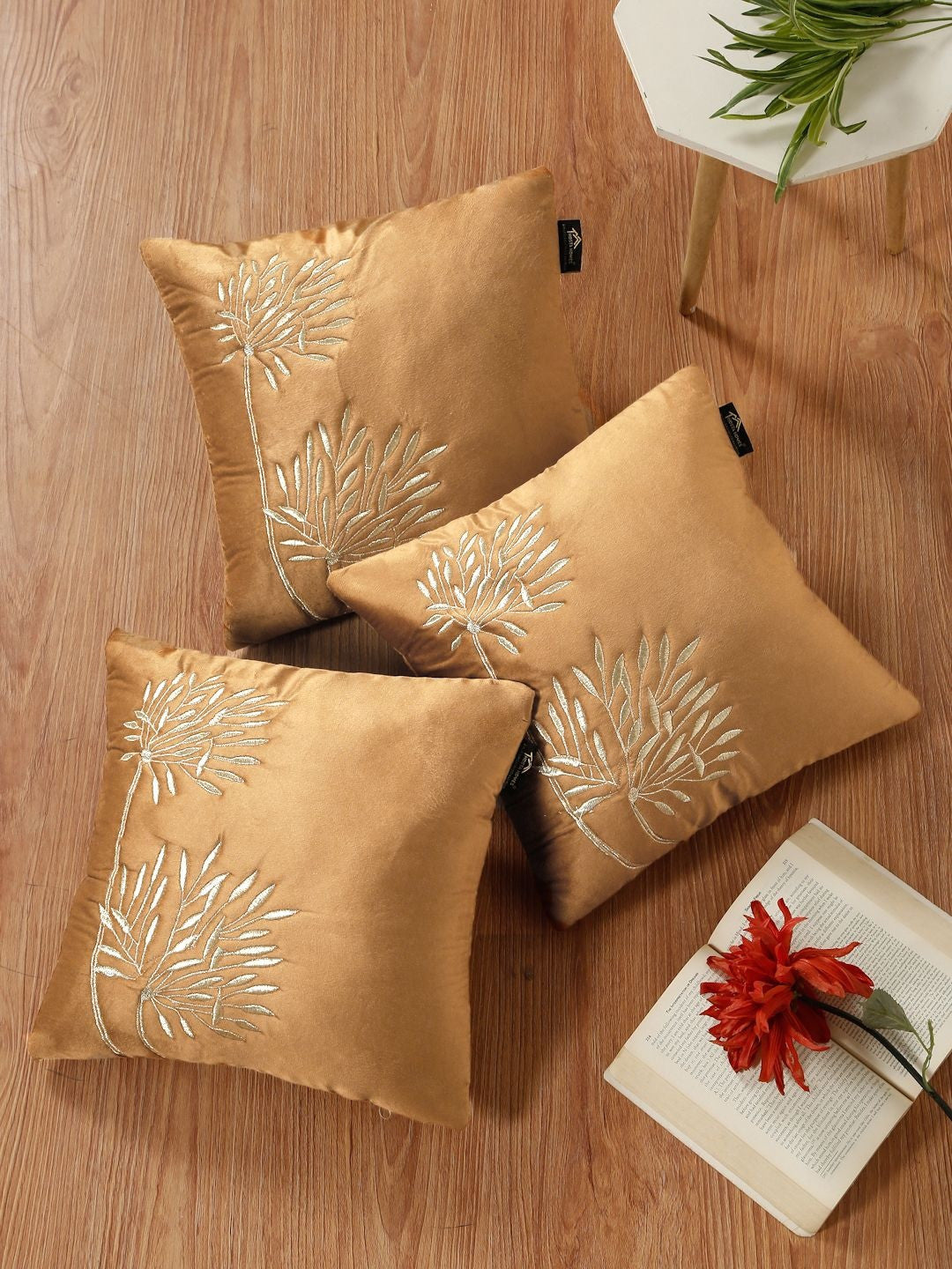 Set of 3 - Rust Embroidered Velvet Square Cushion Covers – Decorative Soft Furnishings – Durable Velvet