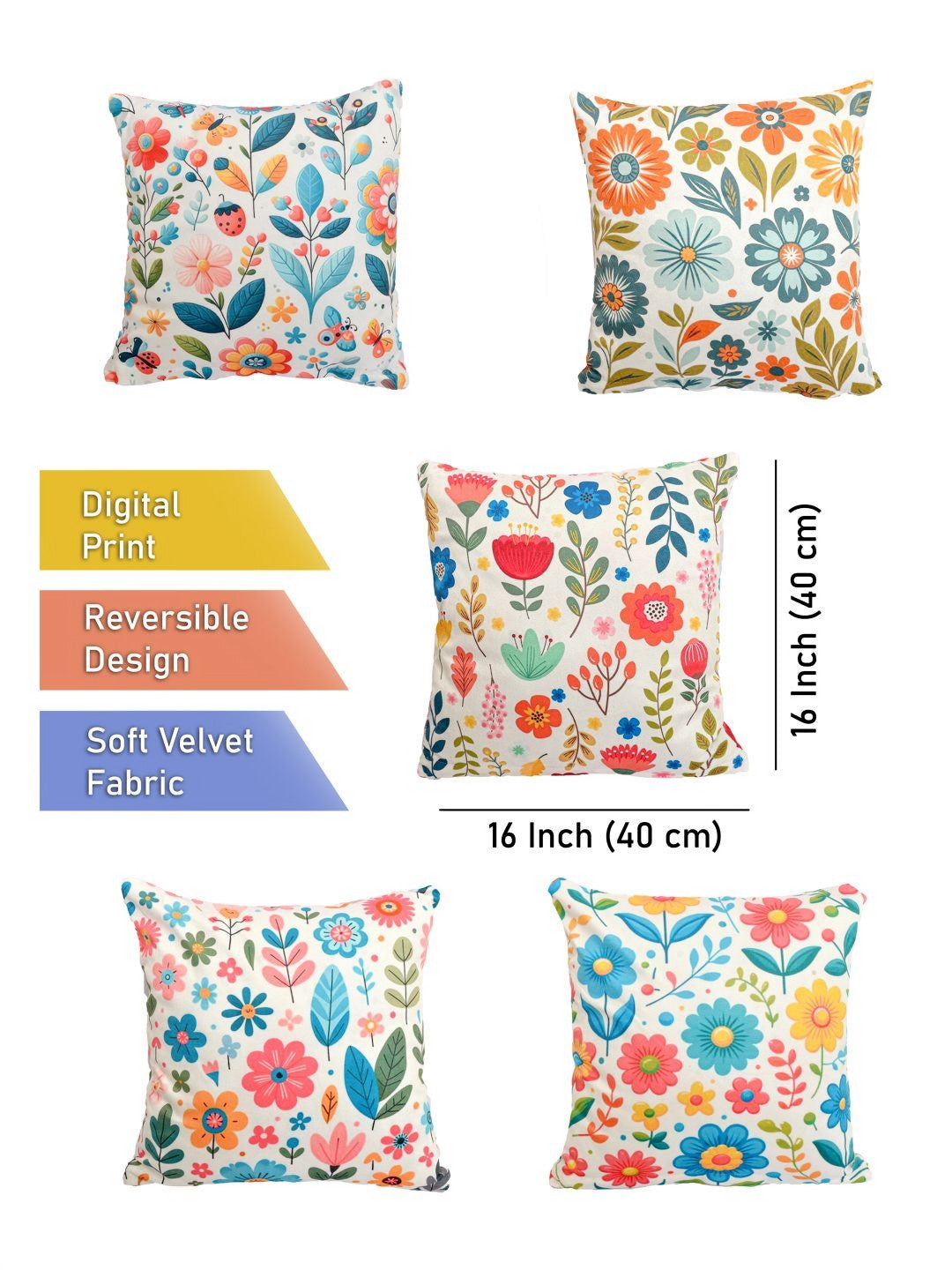 Set of 5 - White Floral Reversible – Cushion Covers – Velvet Digital Printed – 40x40 cm