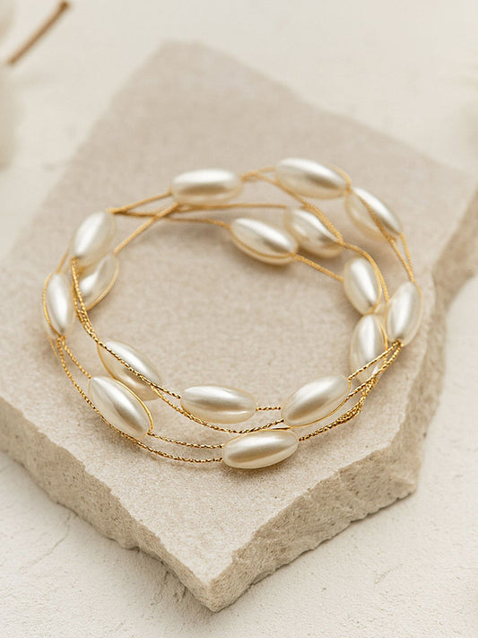Gold-Plated Beaded Multistrand Bracelet – Fashion Jewelry – Alloy & Pearl – 18cm Length