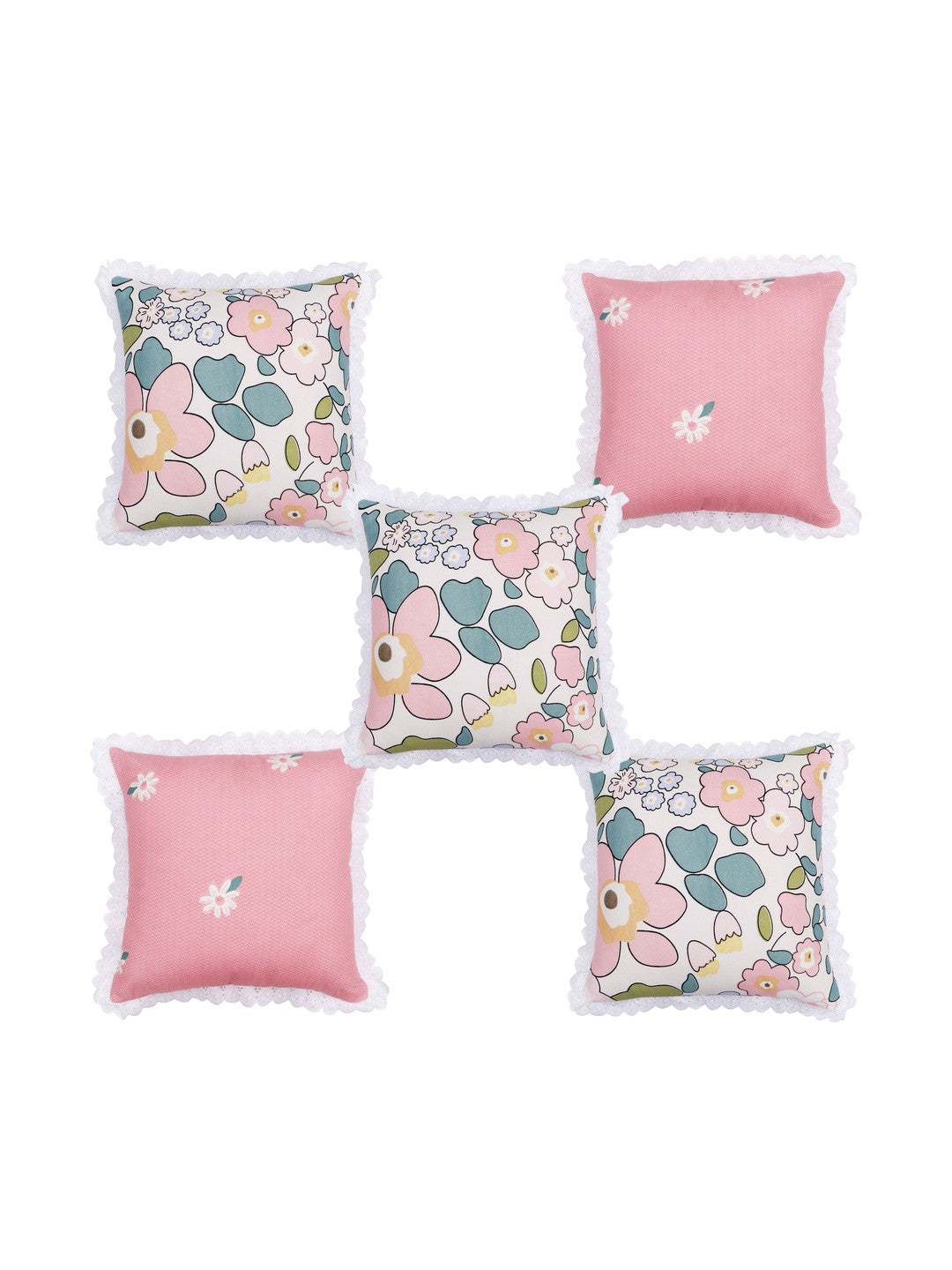 Set of 5 - Pink Lace Border Cushion Cover Set – Polycotton, Non-Crease – 16x16 inch