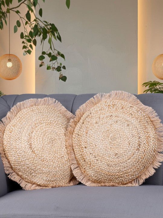 Set of 2 - Decorative Cushion Covers – Throw Pillow Slips – Jute Cotton Blend, Self-Design – Round