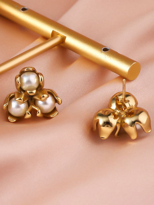 Gold Plated Floral Studs – Pearl Embellished Stud Earrings – 1.1cm Pair