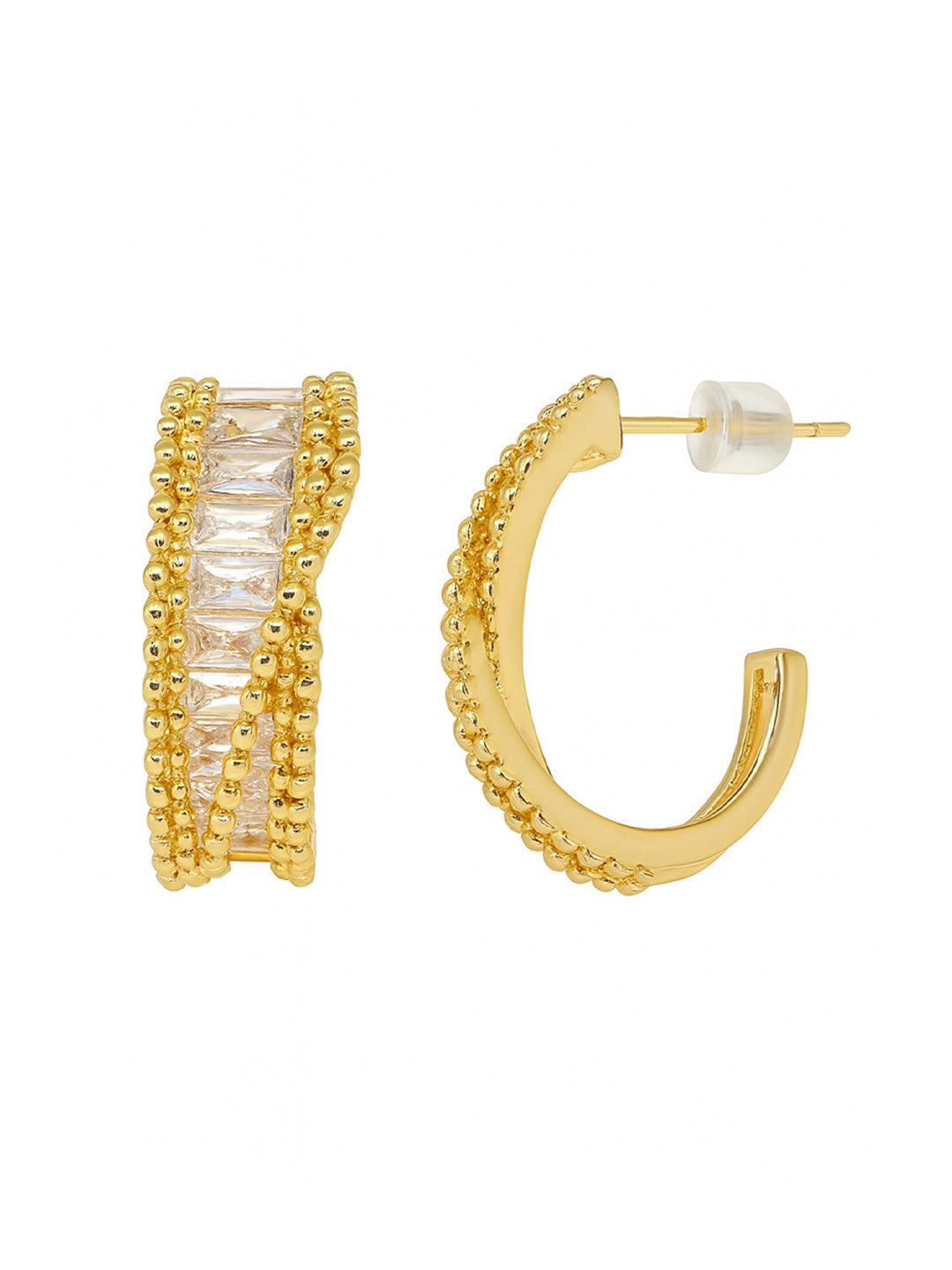 American Diamond Studded Half Hoop Earrings – Gold-Plated Fashion Jewelry – Post Back Closure – 1.8cm