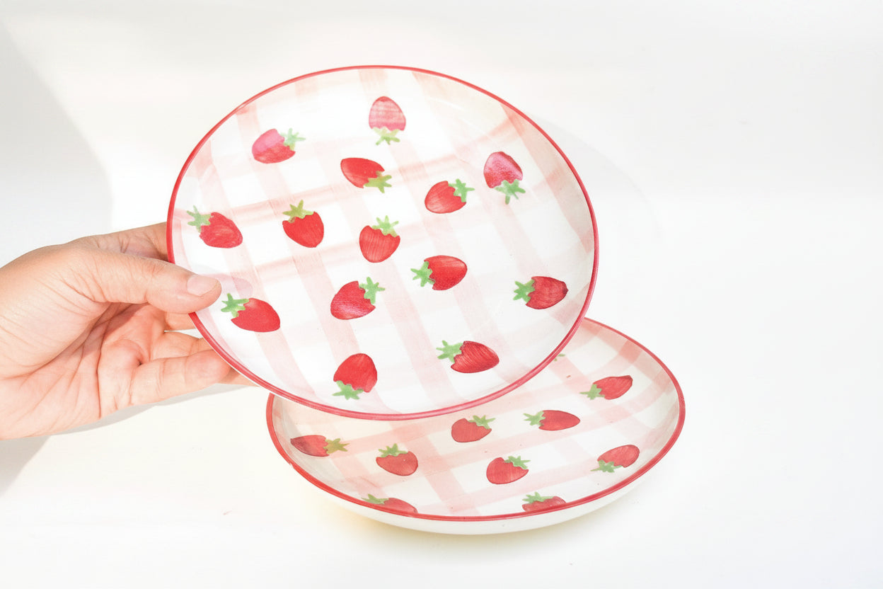 Serving Plate | Ceramic Hand-painted Strawberry Checkered | Set of 2, 7 Inches
