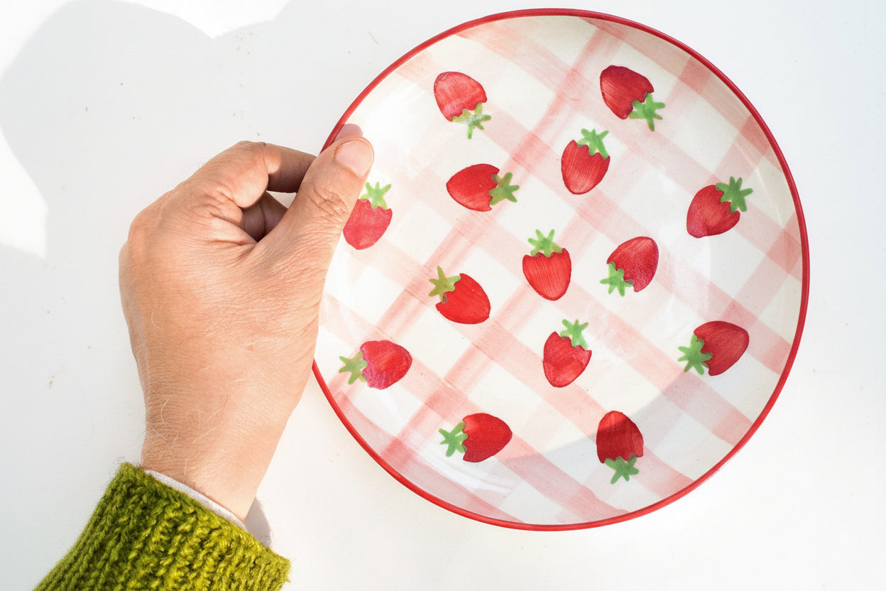 Serving Plate | Ceramic Hand-painted Strawberry Checkered | Set of 2, 7 Inches