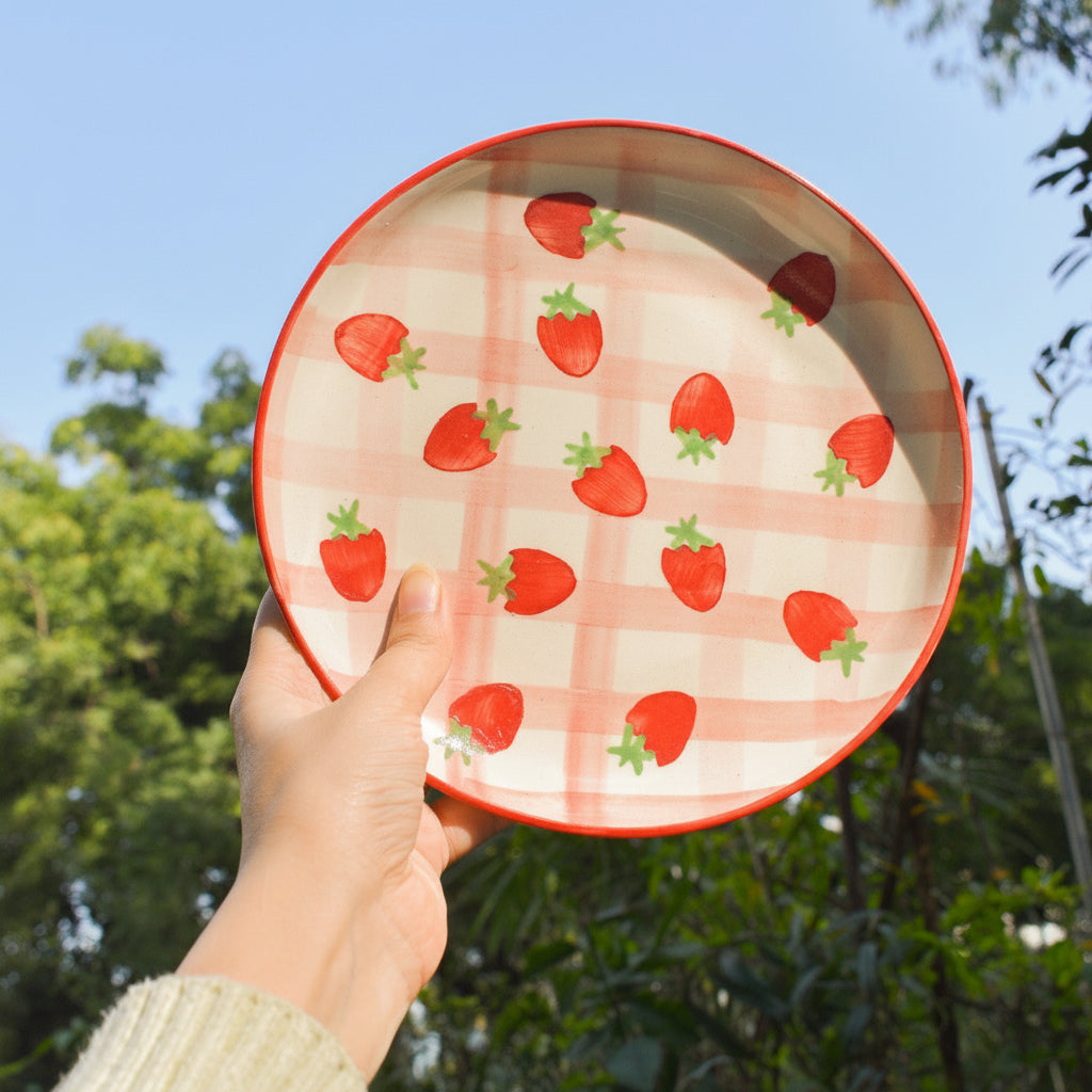 Serving Plate | Ceramic Hand-painted Strawberry Checkered | Set of 2, 7 Inches