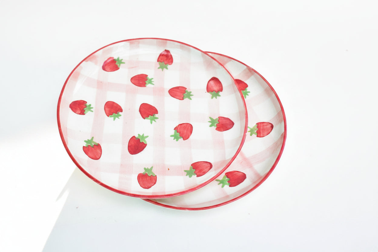 Serving Plate | Ceramic Hand-painted Strawberry Checkered | Set of 2, 7 Inches