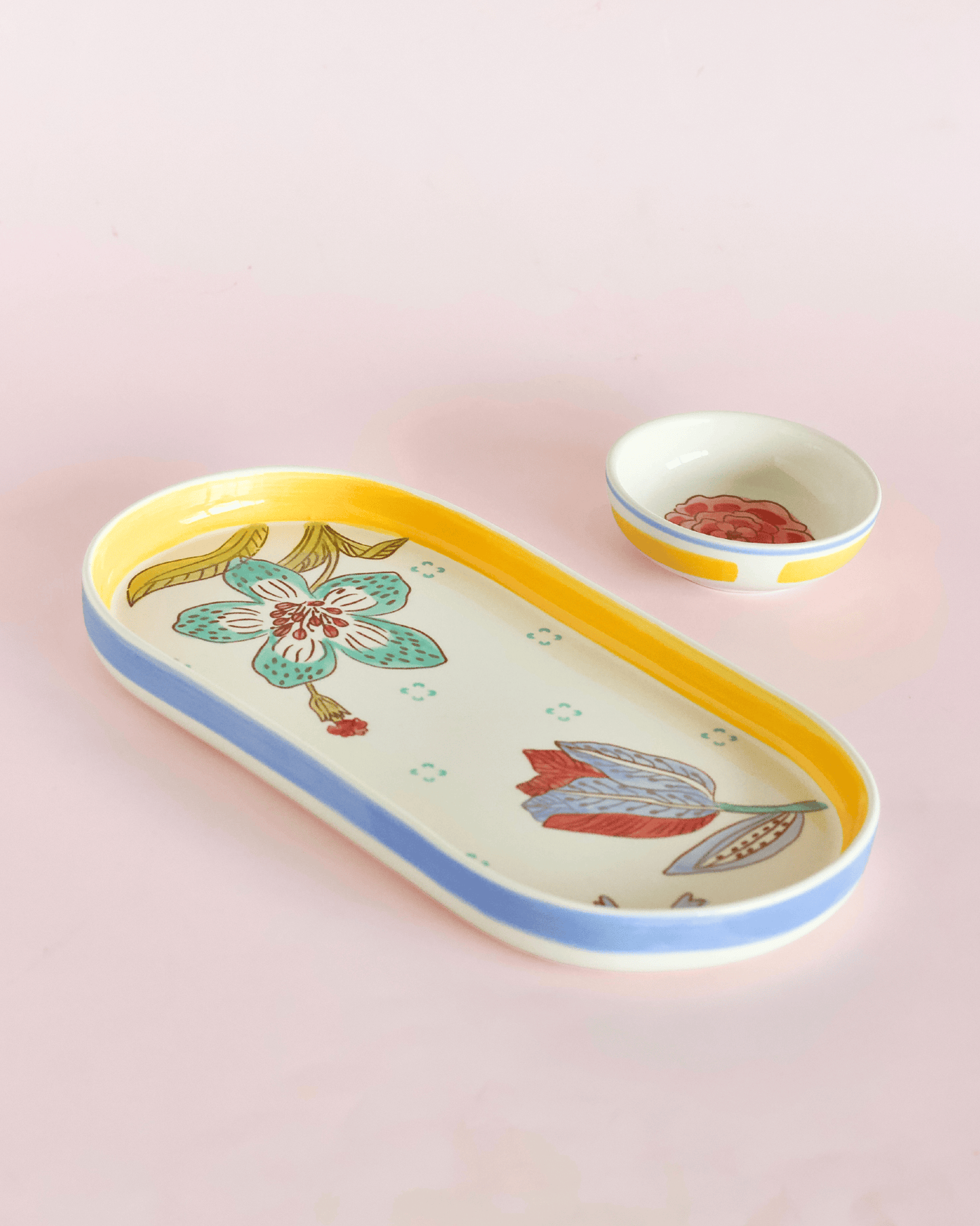 Stripe & Stem Handpainted Ceramic Oval Platter & Dip Bowl
