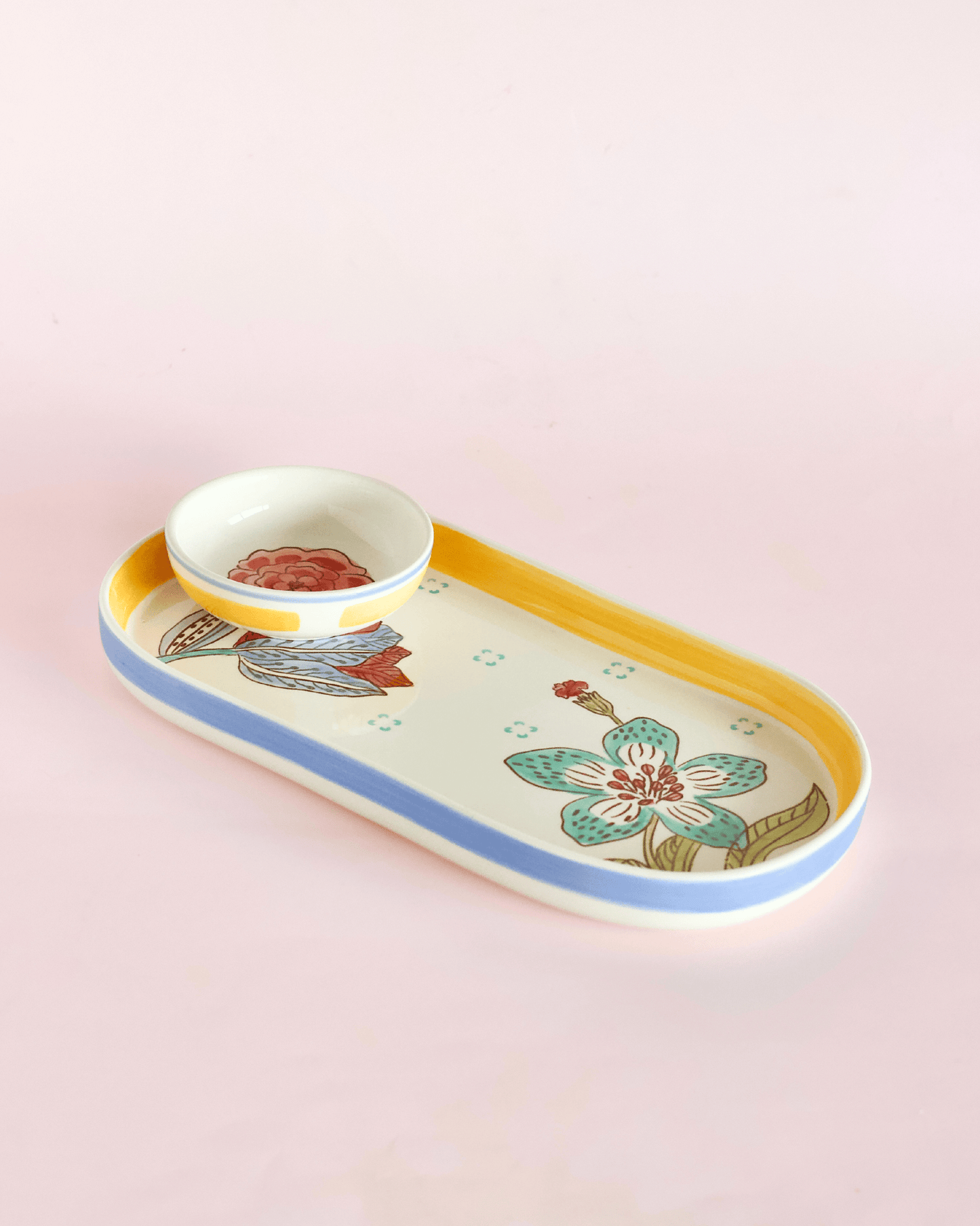 Stripe & Stem Handpainted Ceramic Oval Platter & Dip Bowl