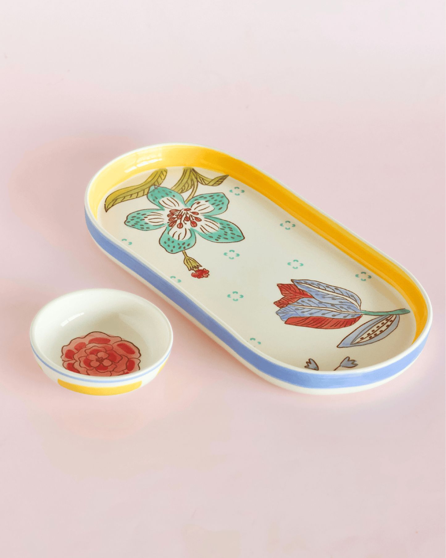 Stripe & Stem Handpainted Ceramic Oval Platter & Dip Bowl
