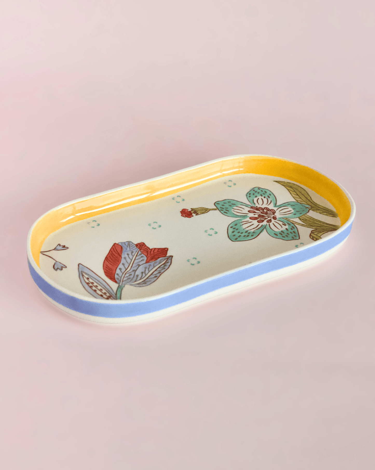 Stripe & Stem Handpainted Ceramic Oval Platter & Dip Bowl