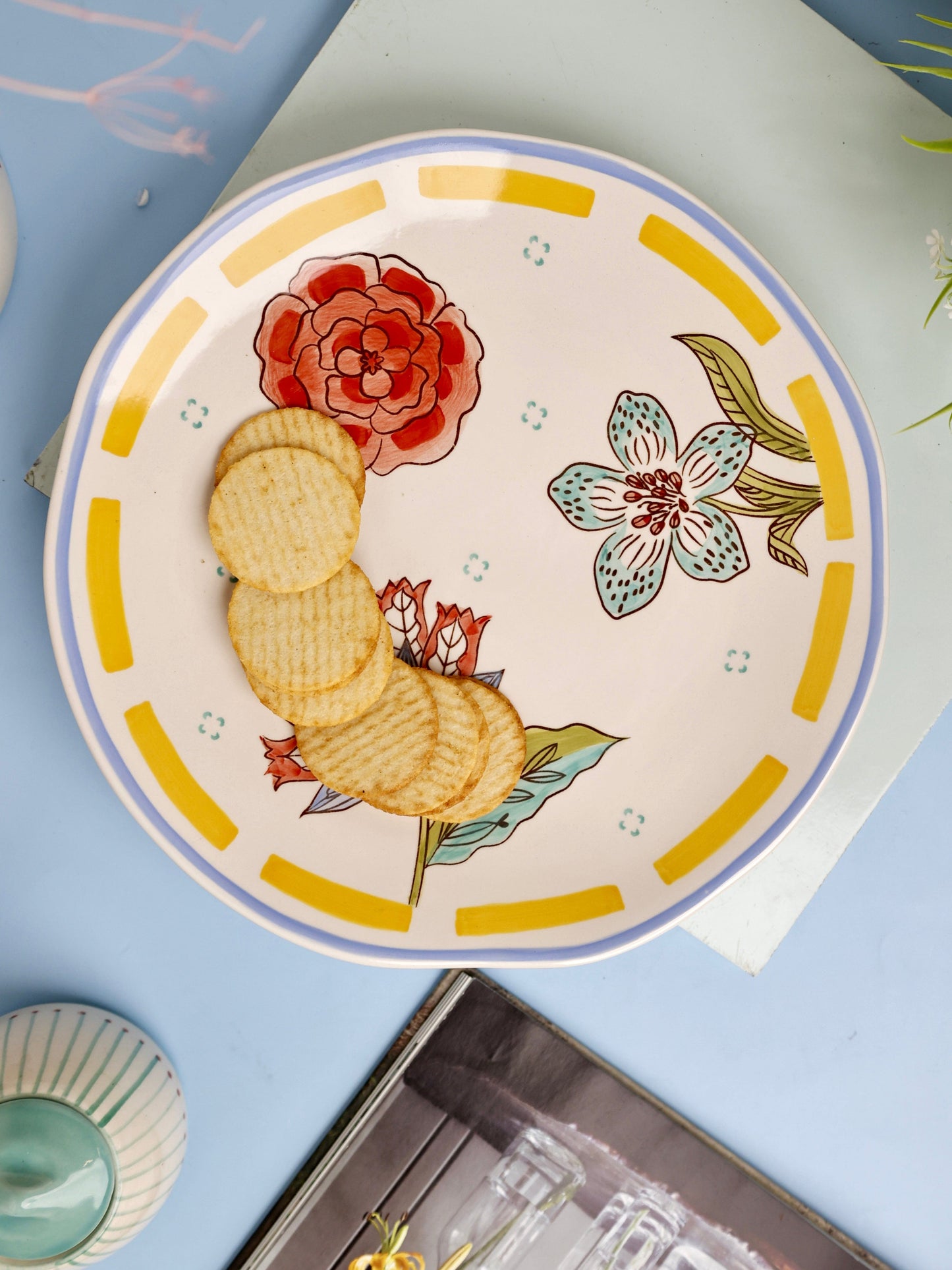 Stripe & Stem Handpainted Ceramic Round Platter 27 cm