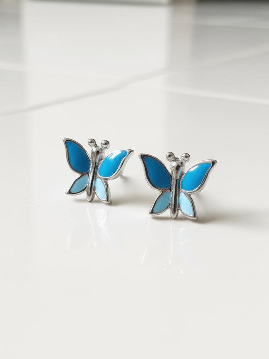 Blue Contemporary Stud Earrings – 925 Sterling Silver – Rhodium Plated Finish – Pair