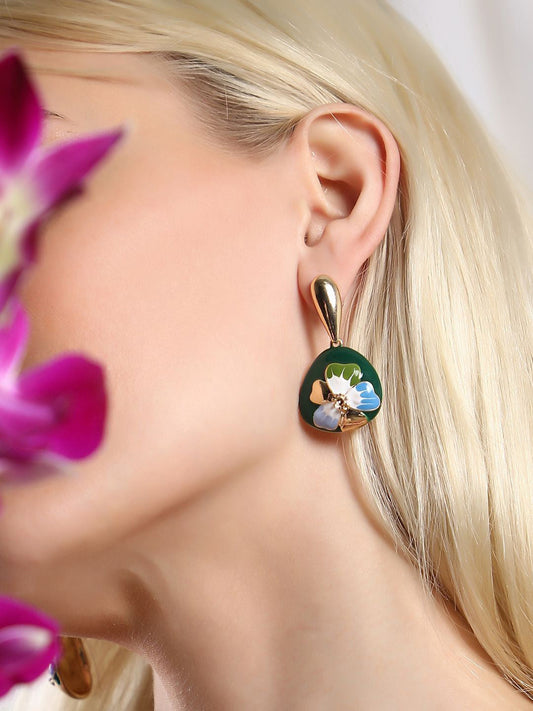 Gold-Plated Contemporary Hana Drop Earrings – Fashion Jewellery – Green & Blue – 2.5cm Length