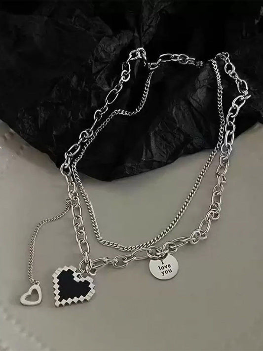 Pixel Heart I Love You Pendant – Layered Necklace – Silver-Plated Durable Stainless Steel