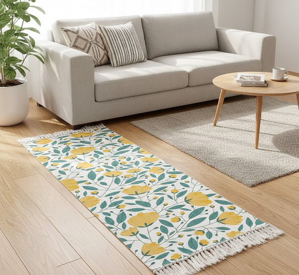 Hand Woven Cotton Runner – Washable Printed Floral – 2x5 Feet