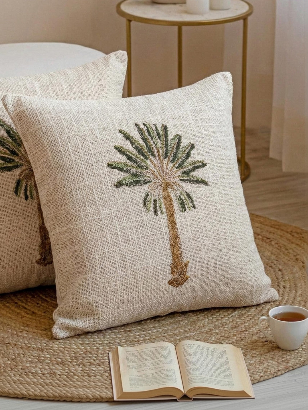 Set of 2 - White Square Cushion Covers – Decorative Pillow Covers – Cotton Self-Design