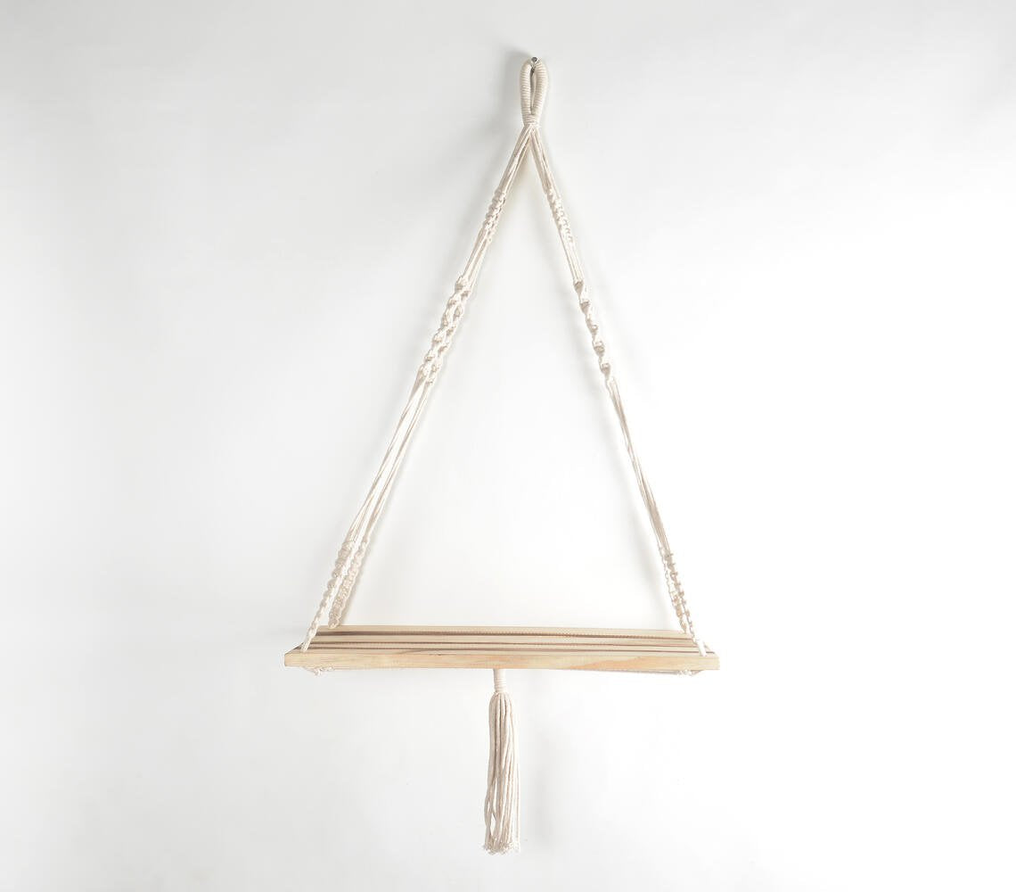 Boho Macrame & Wooden Hanging Wall Shelf