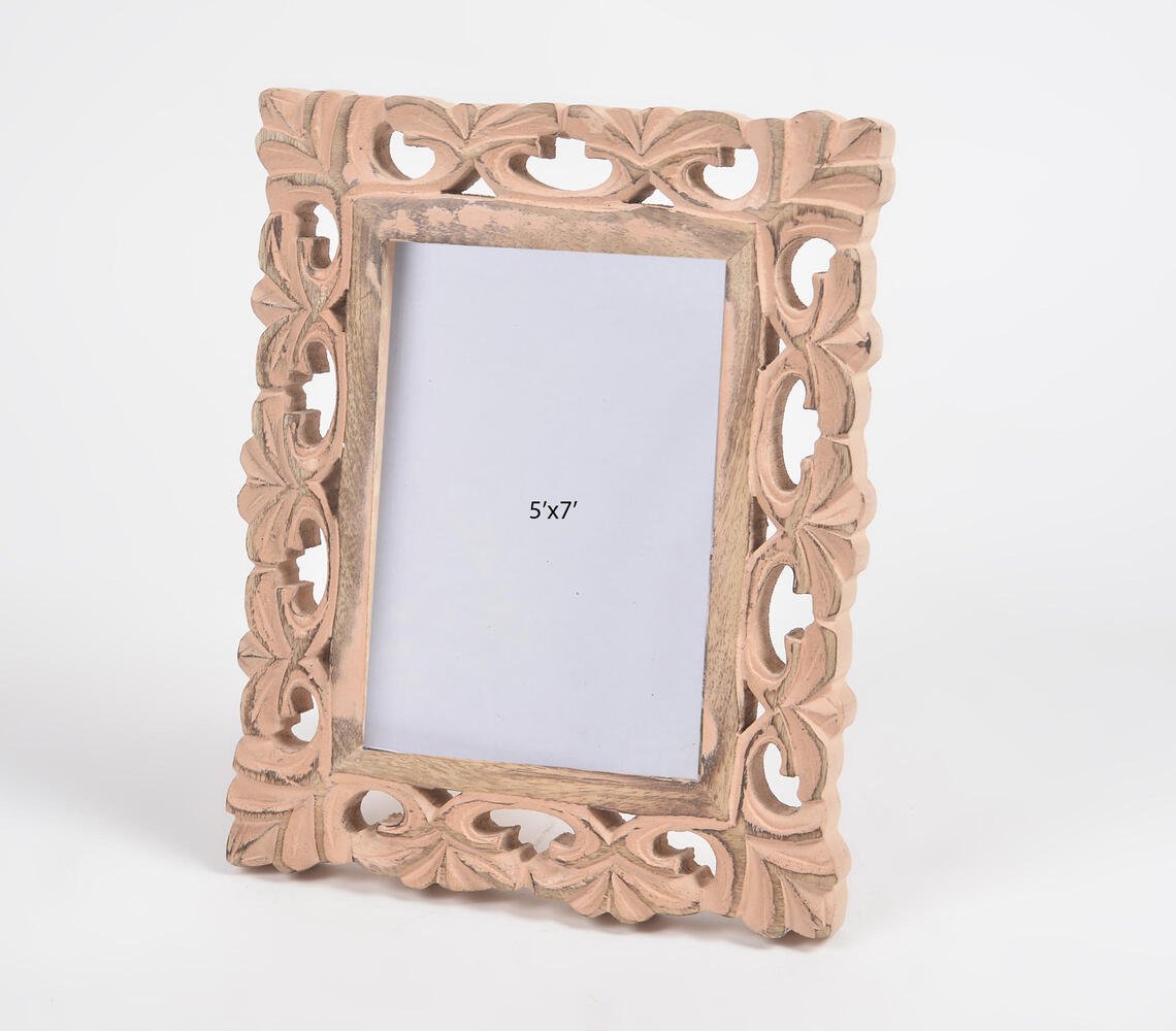 Hand Carved Floral Motif Mango Wood Photo Frame