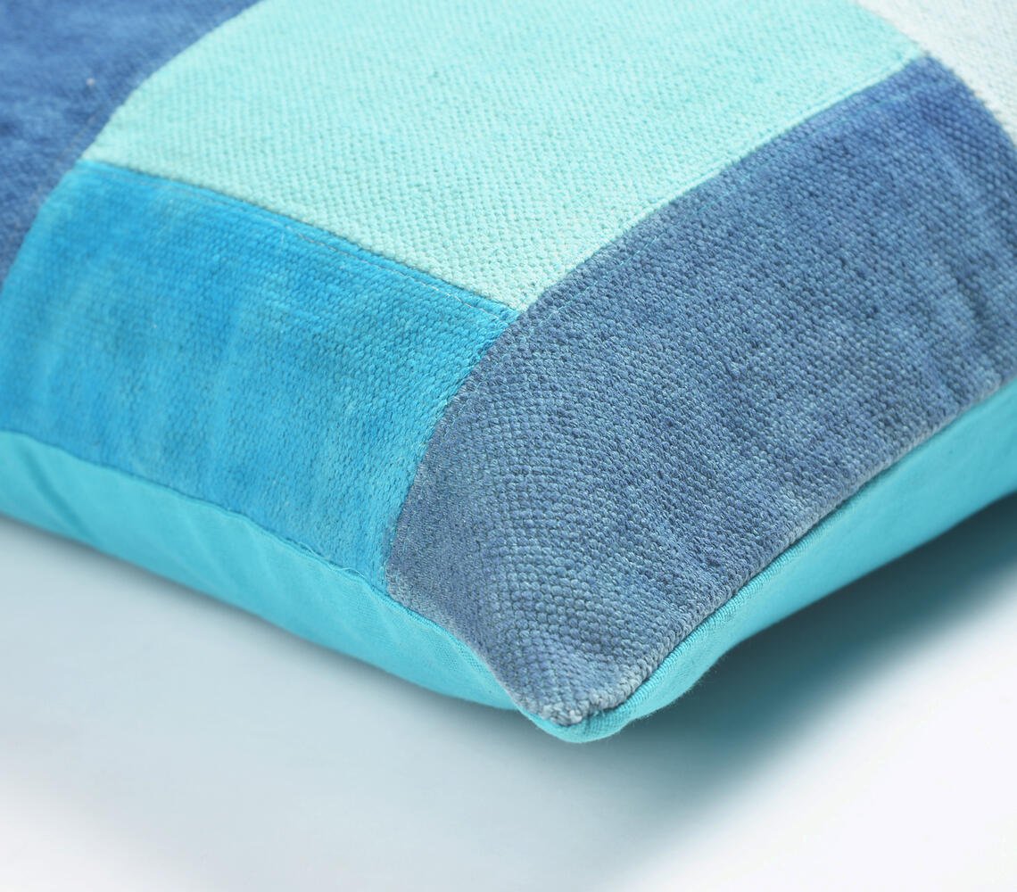 Azure Patchwork Cotton Cushion Cover, 24 x 24 inches