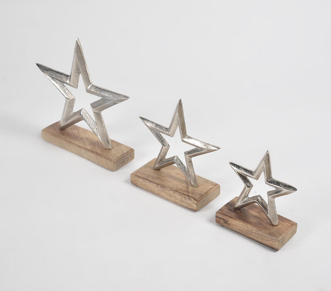 Iron Stars With Light Burnt Wooden Base (Set of 3)