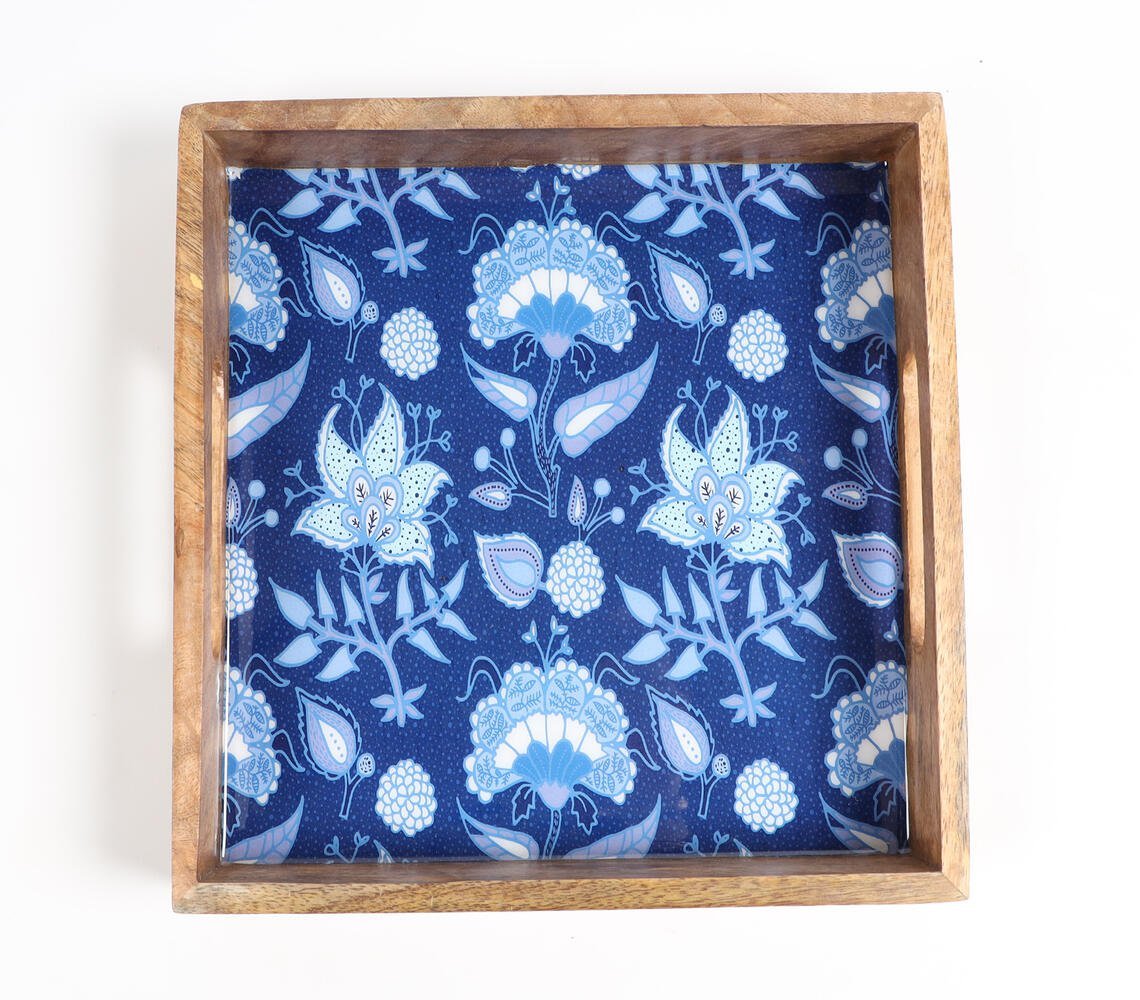 Floral-Enamelled Square Wooden Serving Tray