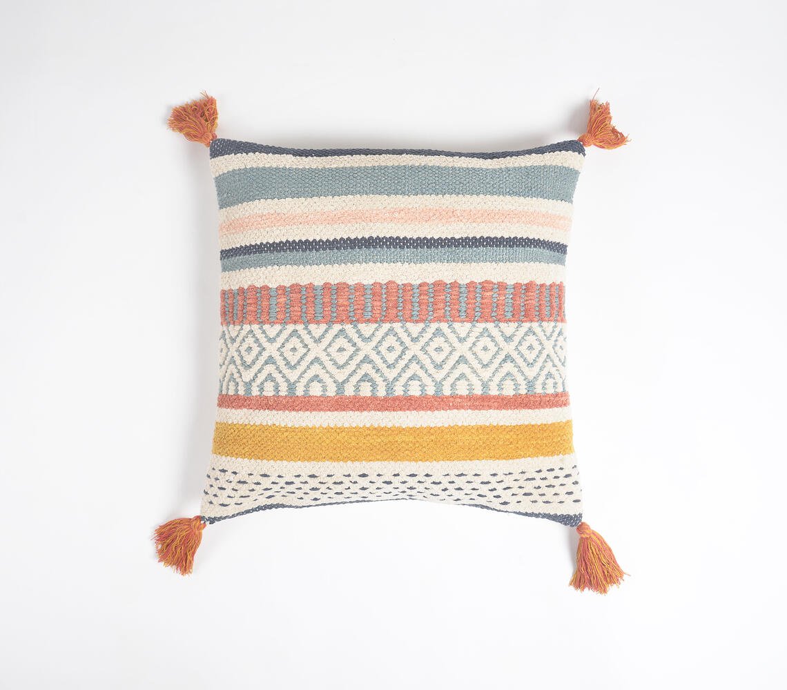 Handwoven Cotton Multi-Striped Tasseled Cushion Cover