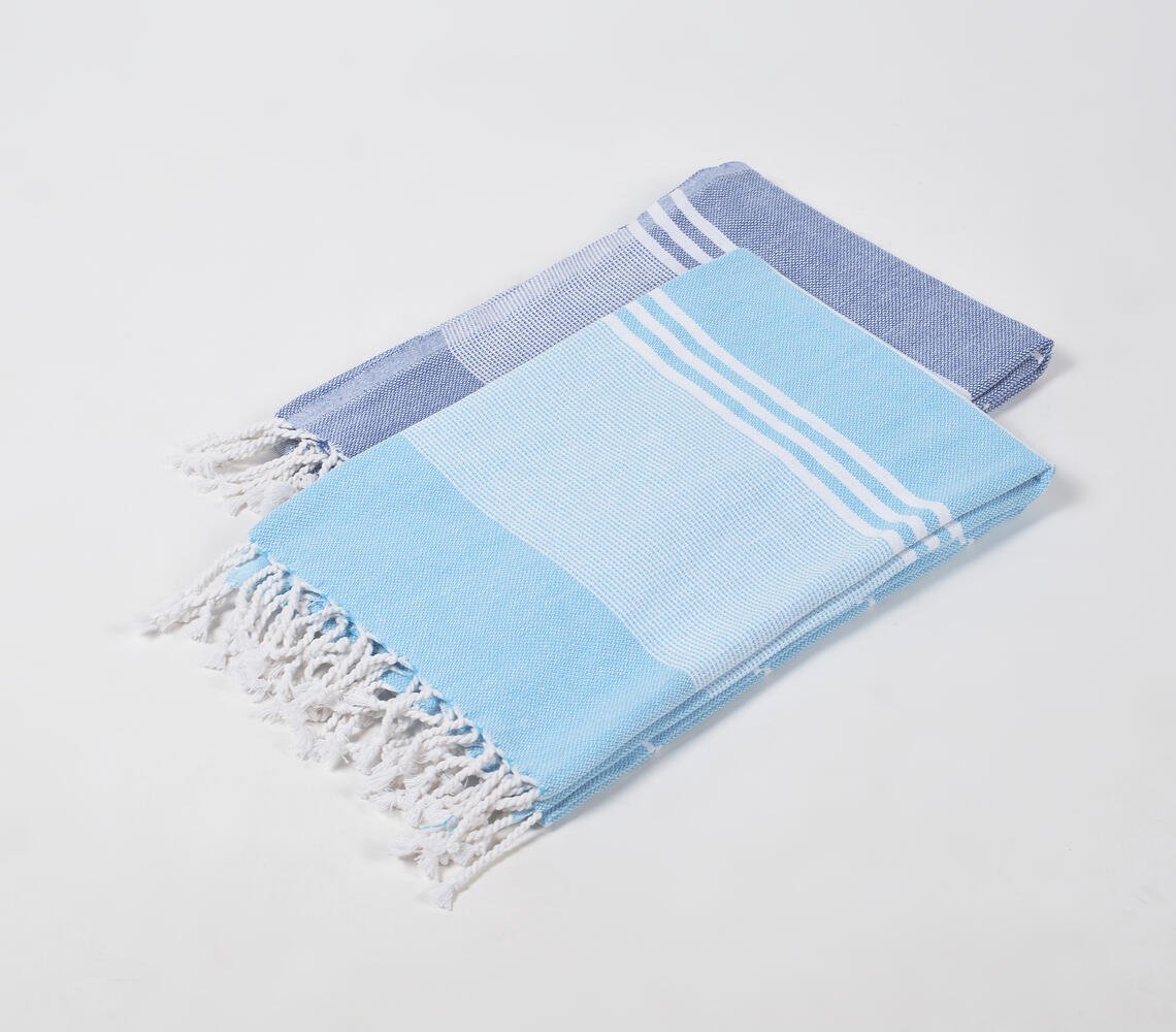 Handwoven Cotton striped Light & Dark Blue Bath Towels (Set Of 2)