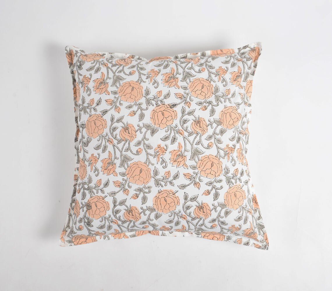 Peach Floral Block Printed Cushion Cover, 18 x 18 inches