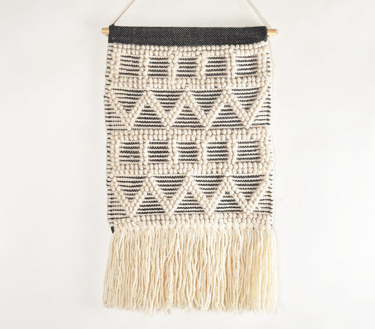 Handwoven Wool & Cotton Geometric Fringed Wall Hanging