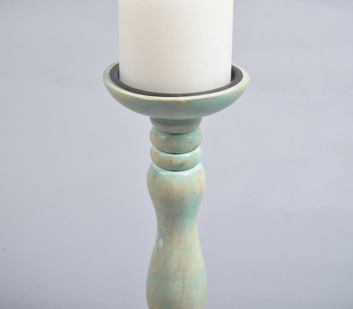 Distressed Mint Turned Wooden Candle Holder