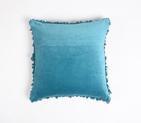 Effen blauw fluwelen katoenen kussenhoes met randfranjes, 18 x 18 inch