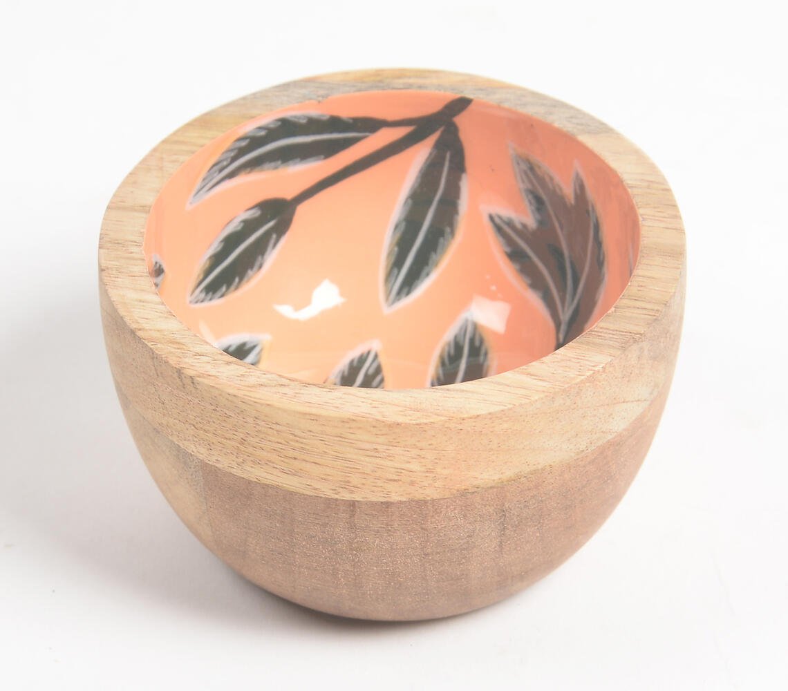 Tropical Leaves Orange Enameled & Turned Mango Wood Bowl