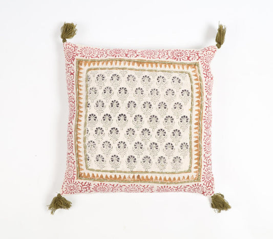 Block Printed Cotton Floral Tasseled Cushion Cover