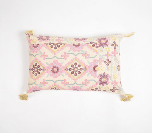 Embroidered Floral Cotton Lumbar Tasseled Cushion Cover