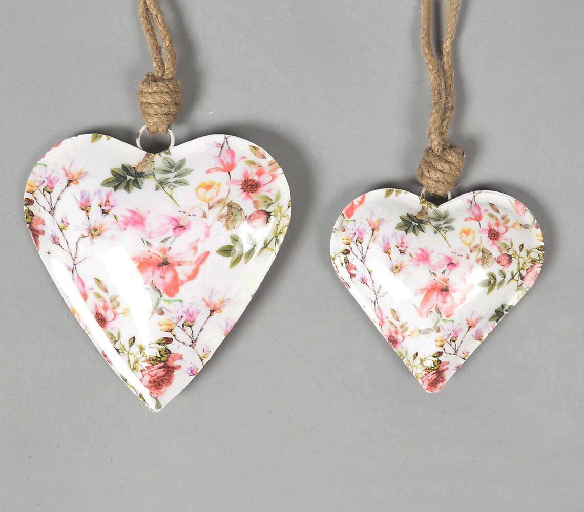 Floral Enamelled Iron Hanging Hearts (Set of 2)