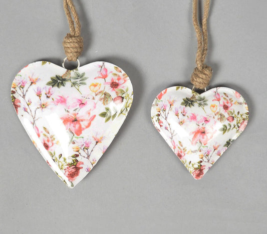 Floral Enamelled Iron Hanging Hearts (Set of 2)