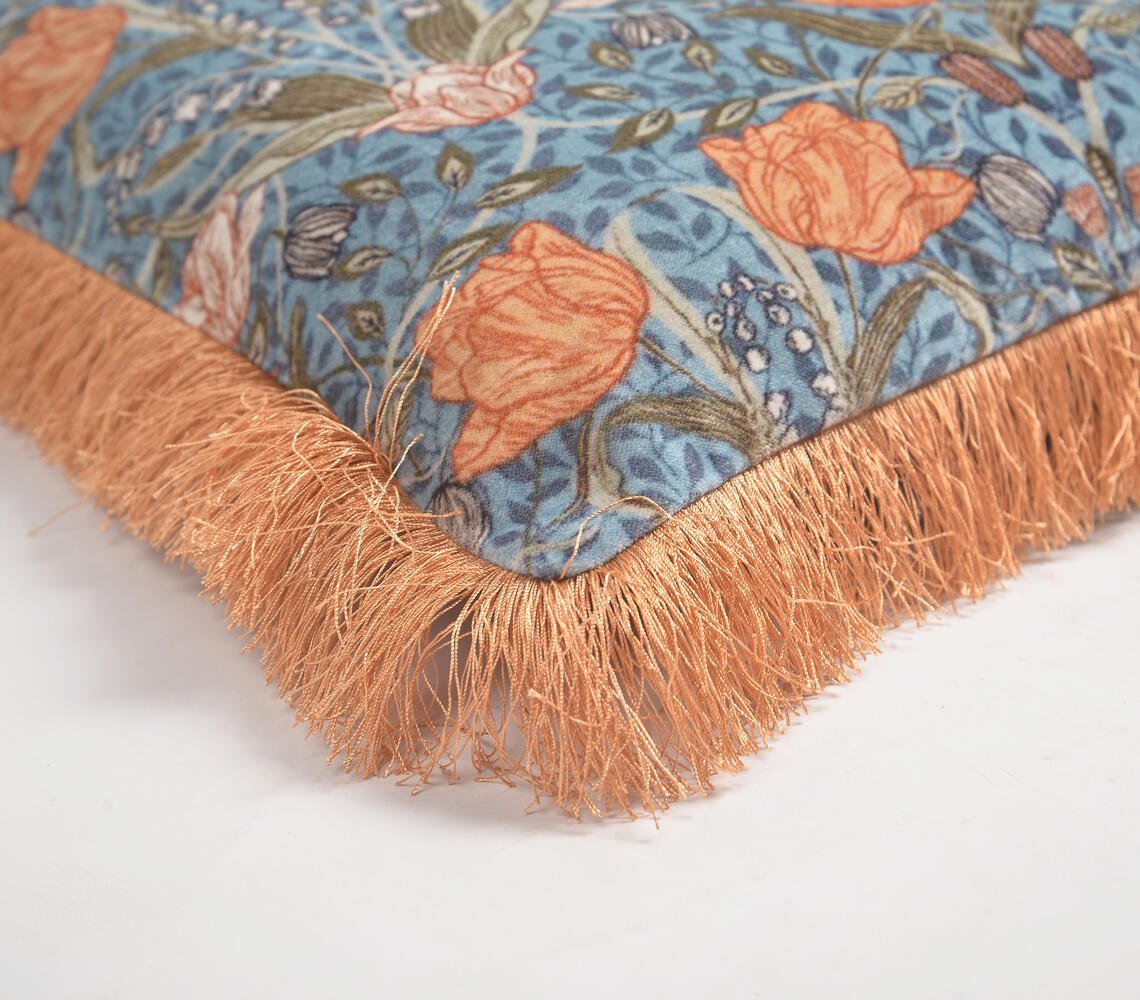 Floral printed & fringed Velvet Cushion Cover