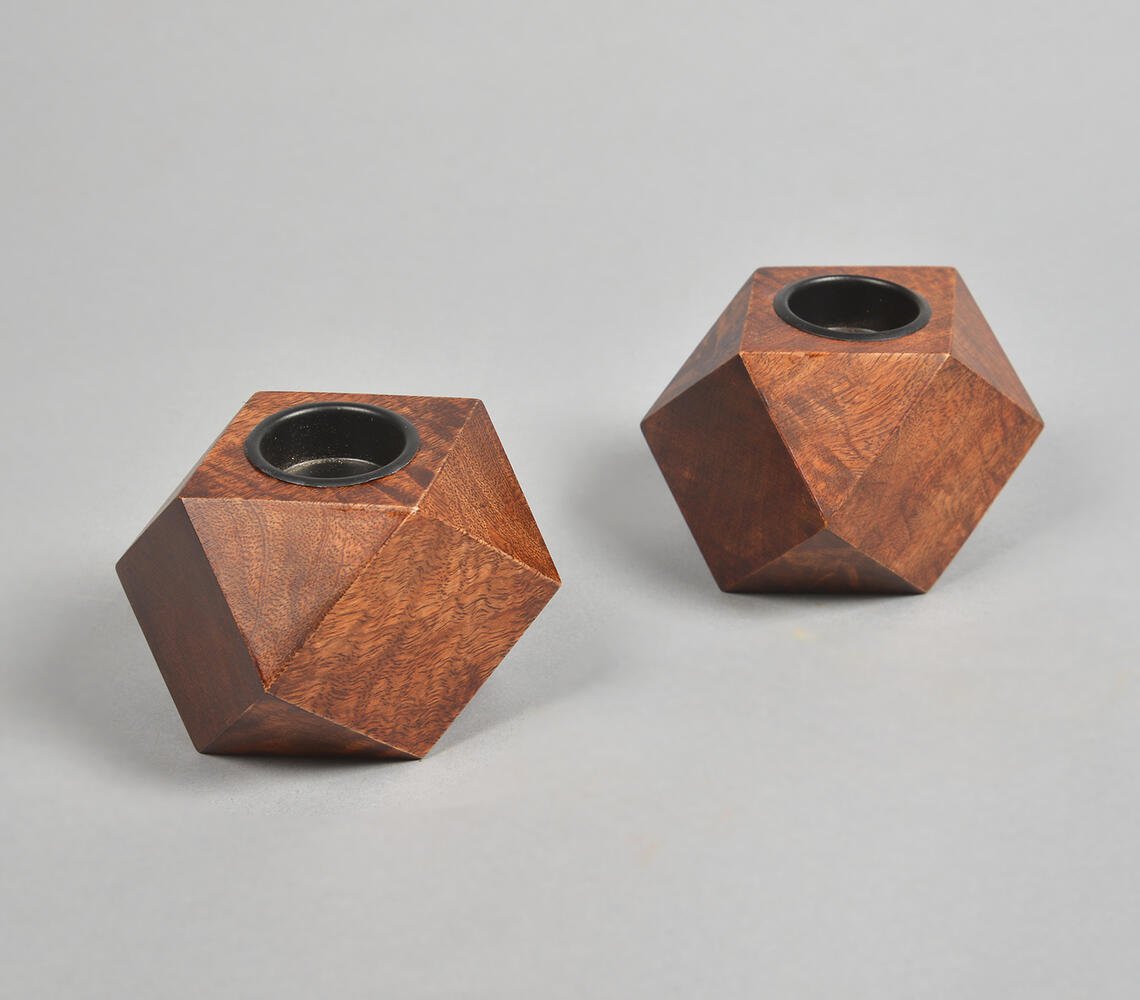 Geometric Hand Carved Rosewood Candle Holders (Set of 2)