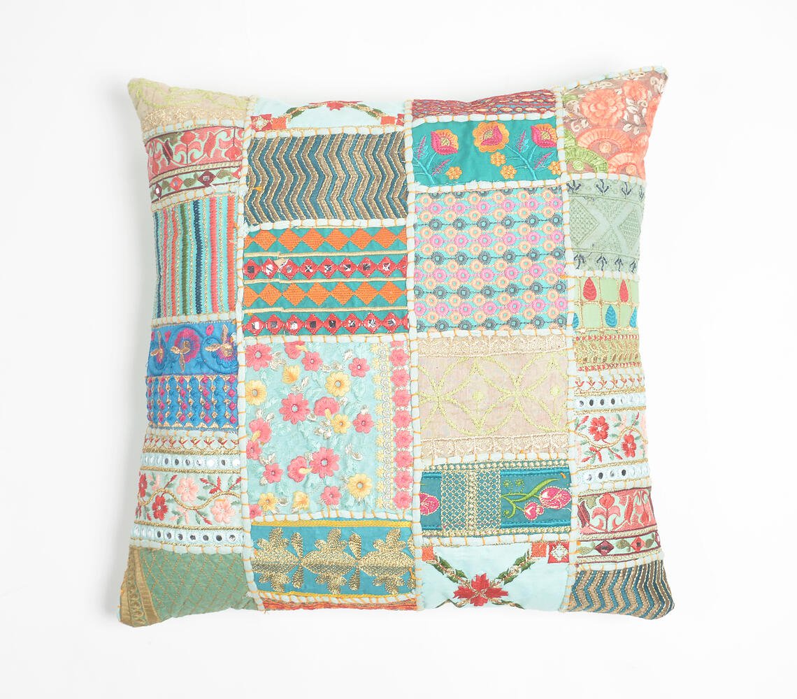 Upcycled Cotton Patchwork Cushion Cover, 18 x 18 inches