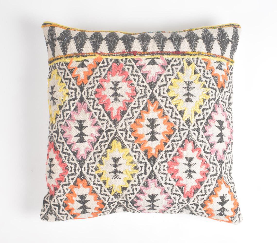 Block Printed & Embroidered Geometric Cushion Cover, 18 x 18 inches